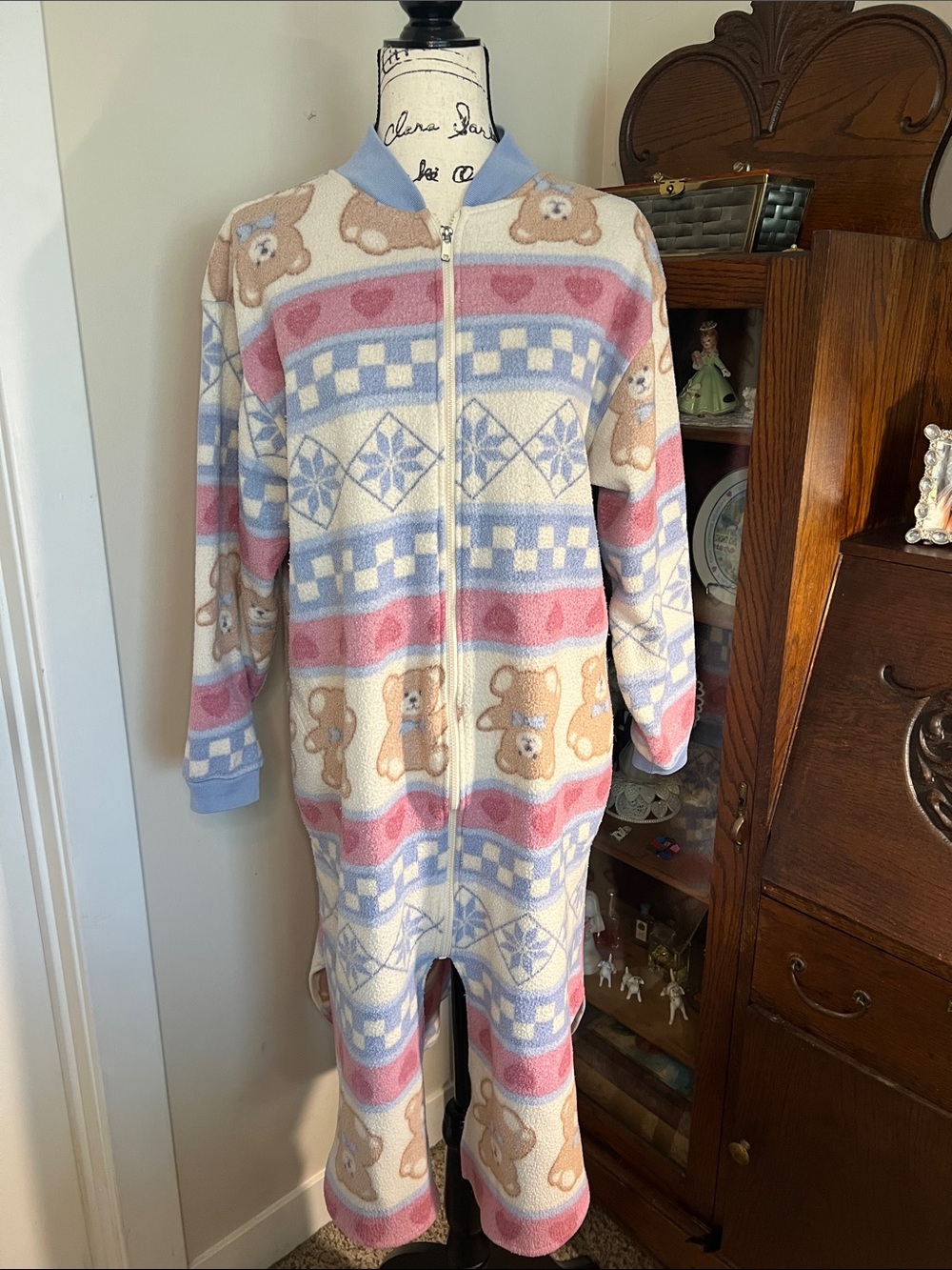 Secret Treasures Teddy Bear Fleece Zip One-Piece Pajamas - Pink, Blue & Crea